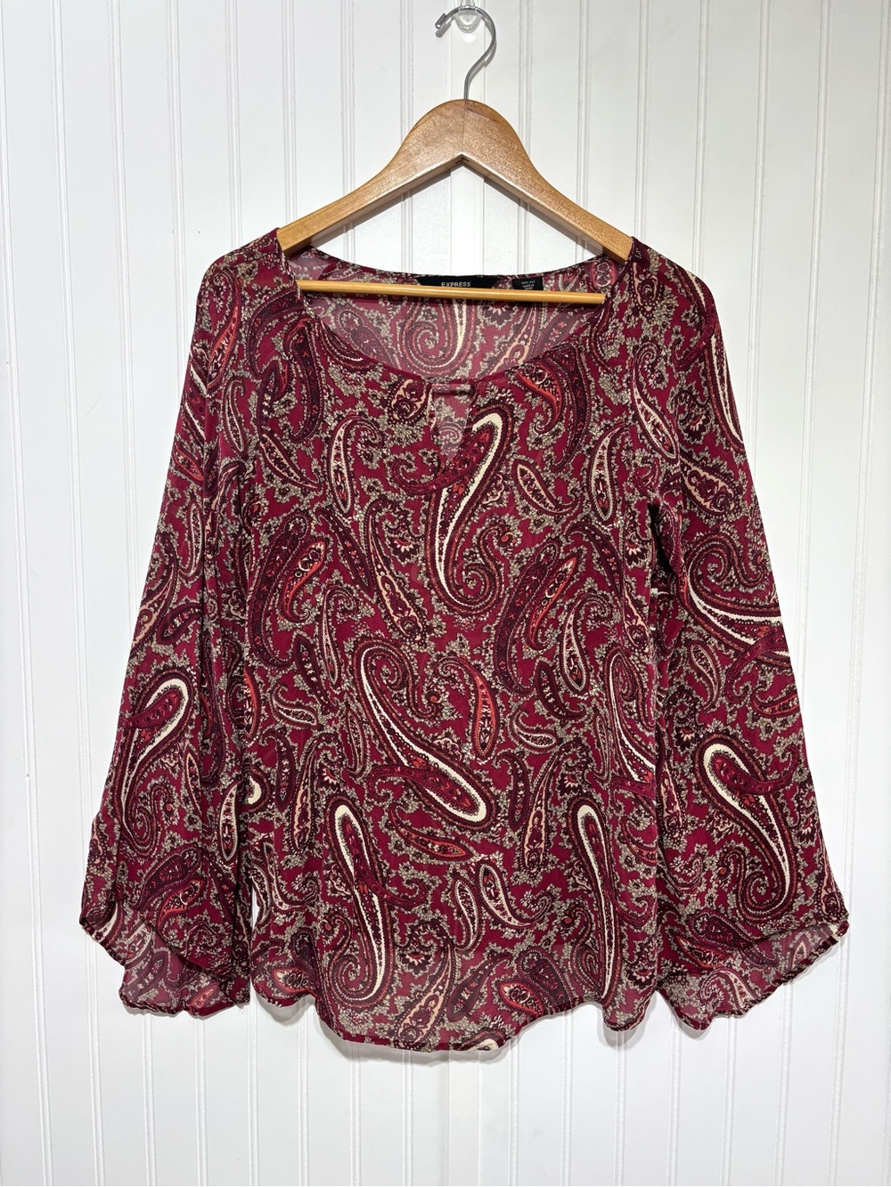 Express 100% Silk Paisley Peasant Blouse Burgundy Boho Bell Sleeve Sz 11/12 (M)